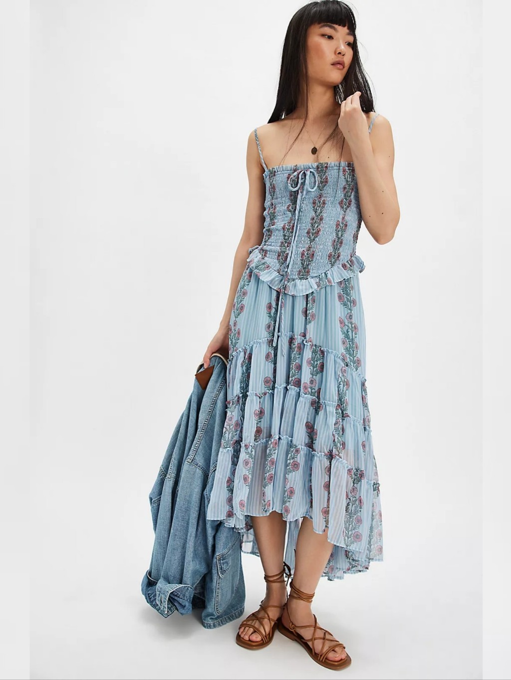 Free People Alejandra Midi Dress Soft Blue Combo Floral Smocked Sundress Women's